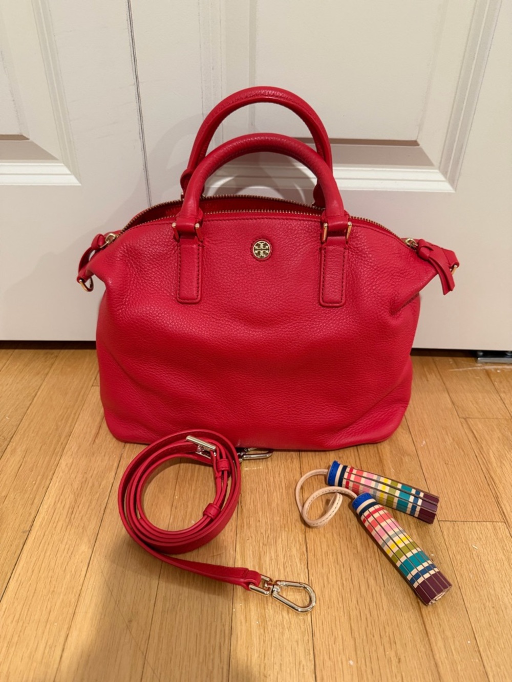 Tory Burch Hot Pink Pebbled Leather Satchel with Gold-Tone Logo
